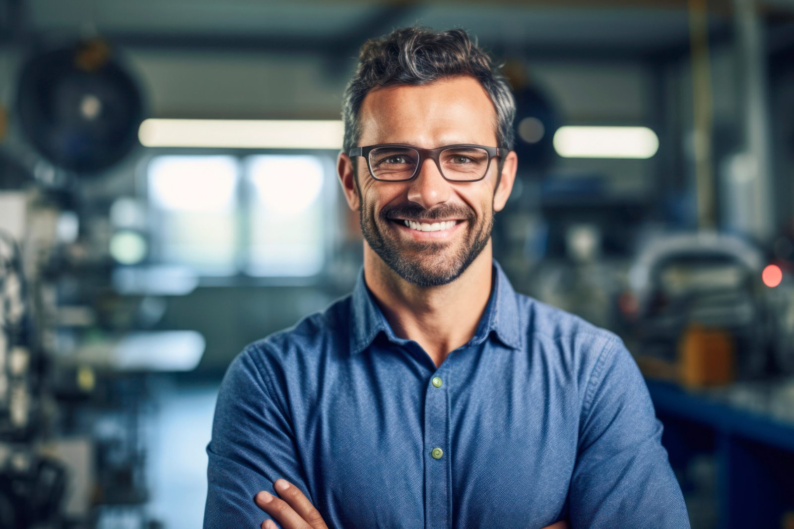 Handsome hispanic Wearing Glasses and a Dark Blue Shirt Smiling and Looking at Camera. Young South Asian Man Working as Engineer or Scientist in Technology Research Facility. AI Generative