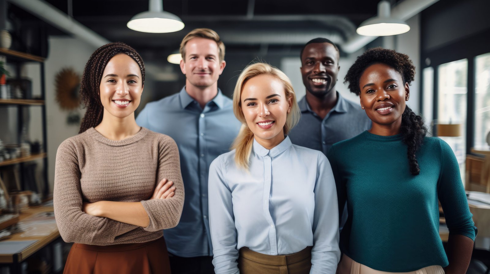 Multi-ethnic group of executive workers standing facing the camera in a coworking enviroment. Generative AI